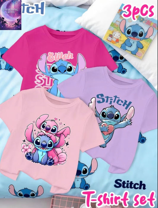 Stitch Girls' Sports Shirt, Round Neck Mesh T-Shirt for Girls, 3pcs Set, Soft And Comfortable, Suitable for Various Scenes, Daily Wear, Indoor And Outdoor, Sports, Parties, Etc.,