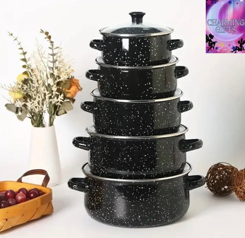 5pcs Lightweight & Portable Enamel Cookware Set - Non-Stick Multifunctional Soup, Stew & Frying Pots with Lids, All-in-One Kitchen Cookware for Gas/Electric Stoves, Oven Safe, Easy Clean & Durable Construction - Ideal for Home, Camping, Picnic, Restaurant