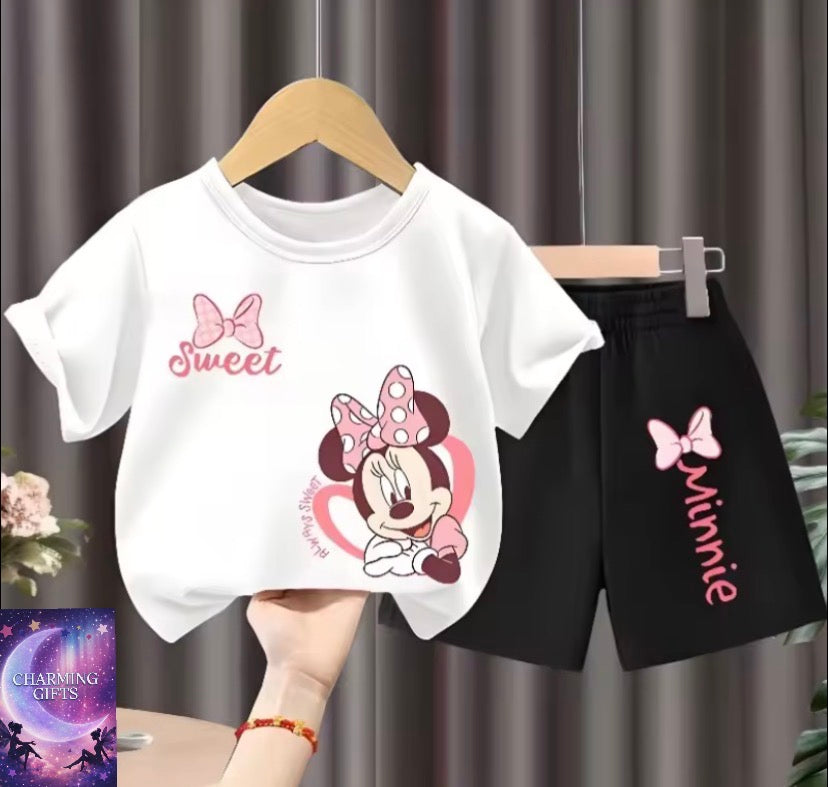 Children's T Shirt and Shorts Two Piece Set Girls O Neck Short Sleeve Top Suit Kids Casual Outfits Summer Breathable Shorts Sets