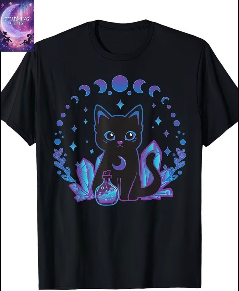 Women's Gothic Witchy Cat & Crystal T-Shirt - Pastel Goth Kawaii Style with Glowing Neon Blue/Purple Print, Cotton Soft Crew Neck Short Sleeve Tee, S-XXXL Sizes for Casual & Themed Events, Witchy Aesthetic Gift for Women, Machine Washable, Double-Needle S