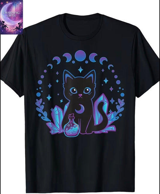 Women's Gothic Witchy Cat & Crystal T-Shirt - Pastel Goth Kawaii Style with Glowing Neon Blue/Purple Print, Cotton Soft Crew Neck Short Sleeve Tee, S-XXXL Sizes for Casual & Themed Events, Witchy Aesthetic Gift for Women, Machine Washable, Double-Needle S
