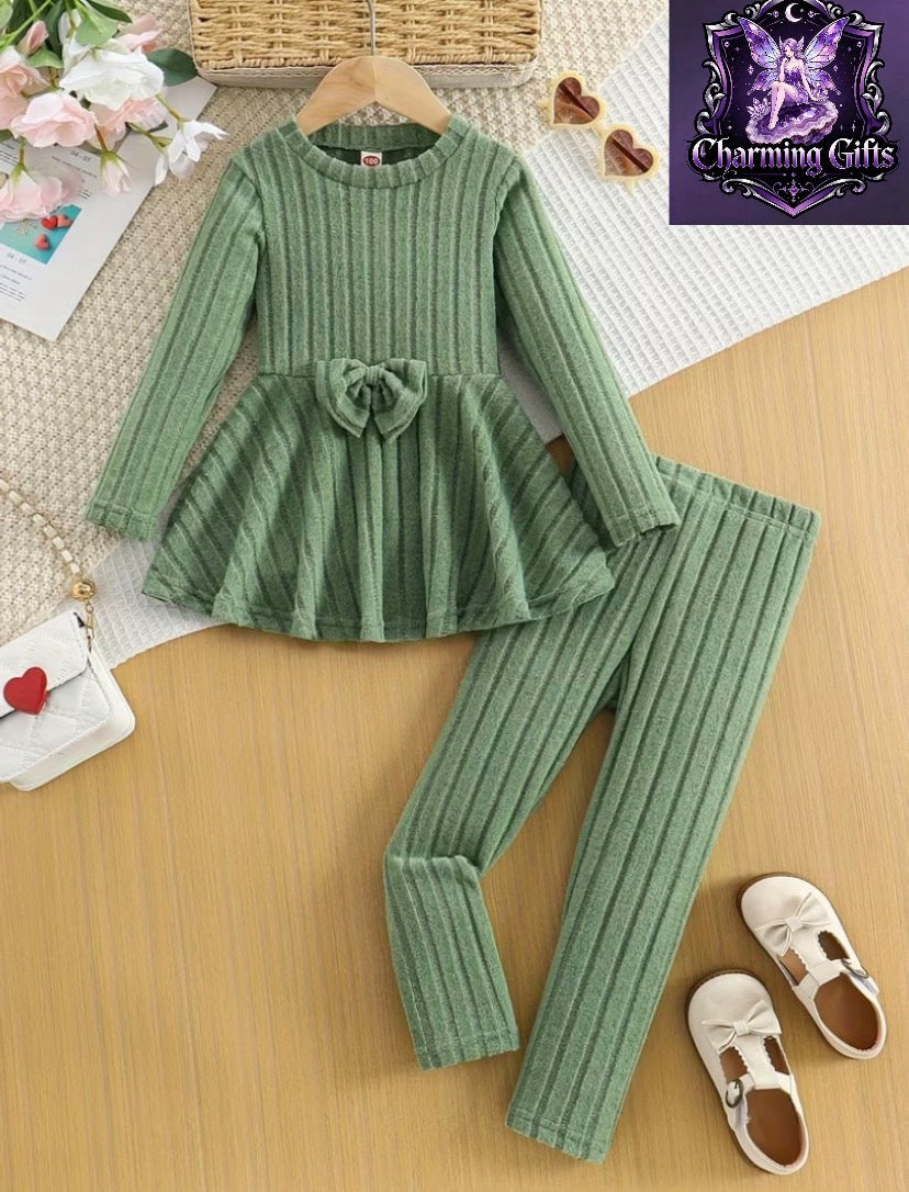 Girls' Fashion Bowknot Solid Color -Lined Ribbed Long-Sleeve Dress and Pants Set, Perfect for Outdoor, Autumn/Winter Essentials, Back to School Essentials
