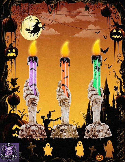 3pcs LED Halloween Tombstone Skull Ghost Hand Candle Holder - Flameless Candle Light - PVC Horror Lighting Decor Prop, Halloween Horror Night Party Bar Decoration Light, LED Creative Realistic Tear Drop Electronic Candle Light, Vintage Candle Holder Night