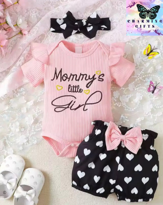 2pcs/Set Baby Girls' Cute Spring & Autumn Casual Round Neck Jumpsuit With Slogan Embroidery, Heart Print Shorts And Headband