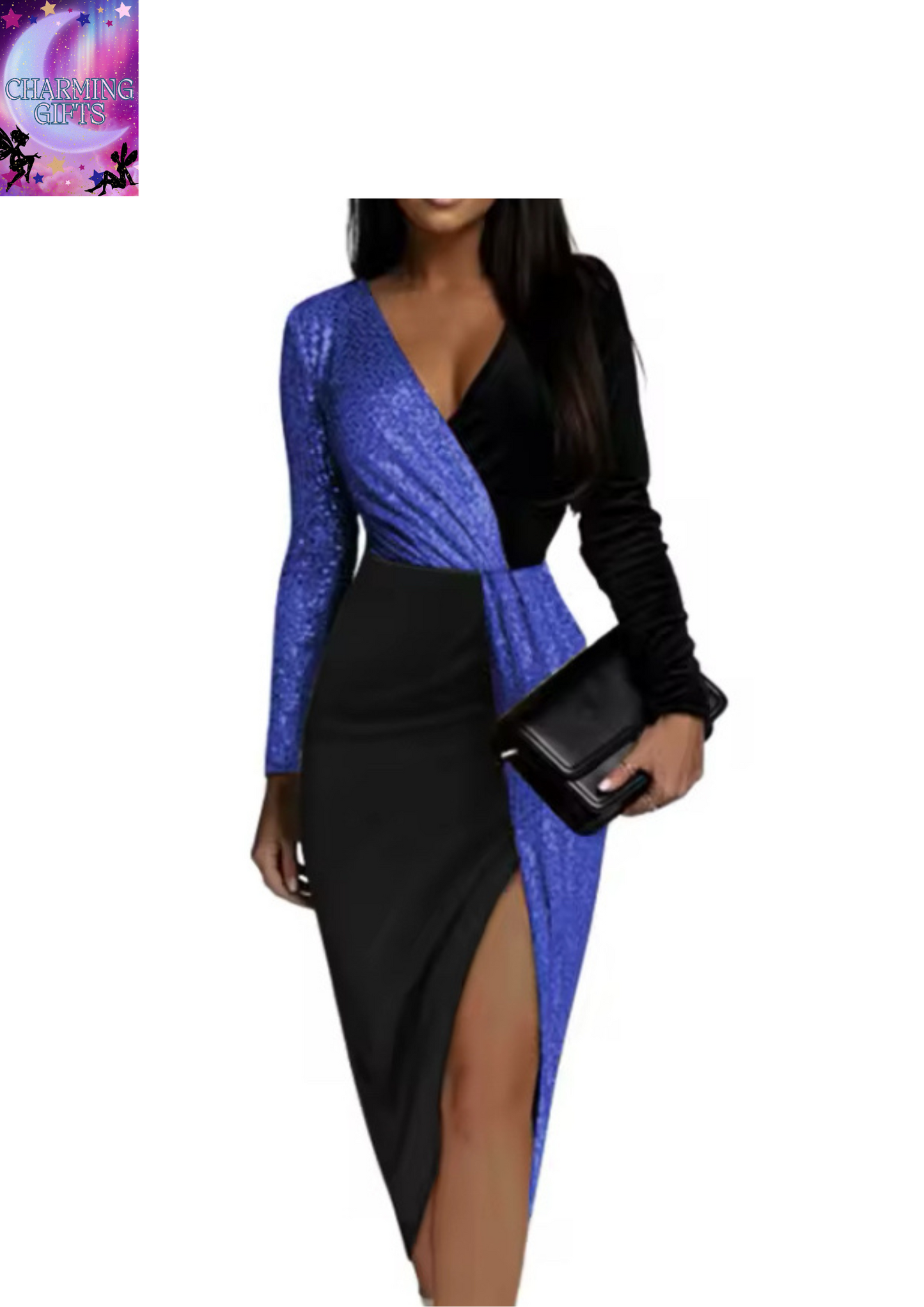 Elegant V-neck Long-sleeved Waist Dress For Women Fashionable Autumn Color Matching Sequined Irregular Slim Party Dresses Female
