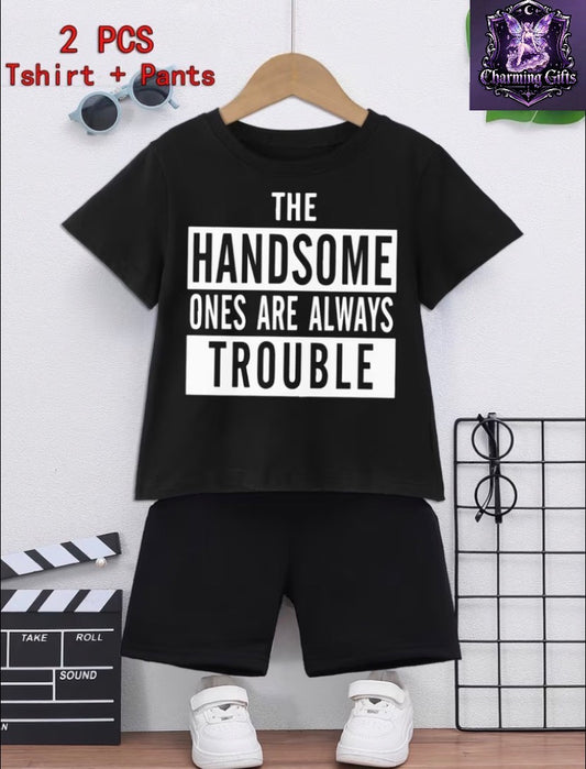 A Two-Piece Set for Boys Featuring a Stylish Print Short-Sleeve T-Shirt That Always Attracts Trouble And Elastic Waist Shorts, for Outdoor