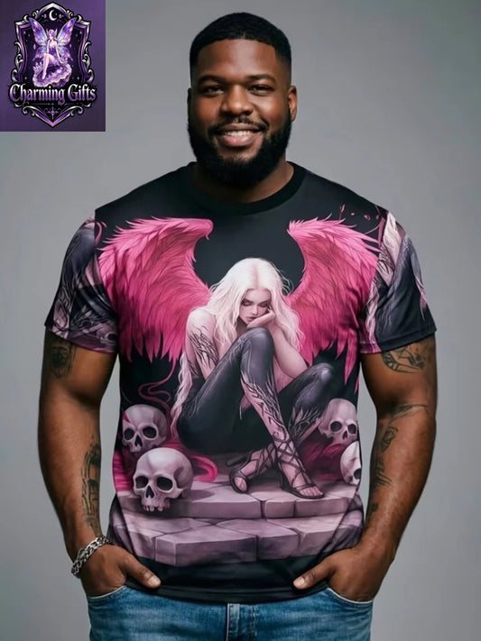 Men'S Plus Size Print T-Shirt, Gothic Angel Skull Print Tee, Round Neck Short Sleeve Casual Top, Beach Outfit Theme Party, Men'S Outdoor Breathable Round Neck Short Sleeve Summer Wear, Summer Casual Wear, Gift Idea, Slight Stretch Fabric, Plus Size