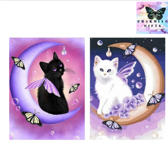 2 PCS Light & Dark mystic Moon Cats 5D Diamond Painting Kits for Adults, Crystal Art Kits for Kids