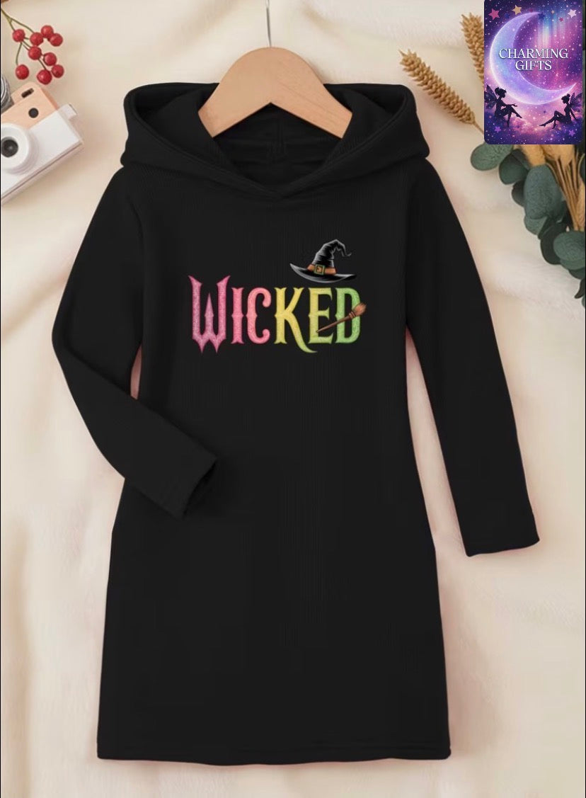 WICKED2 Girls Spring and Autumn Styles Exquisite Printed Hooded Dress - Long Sleeve Threaded Style, a Beautiful Gift for Family and Friends