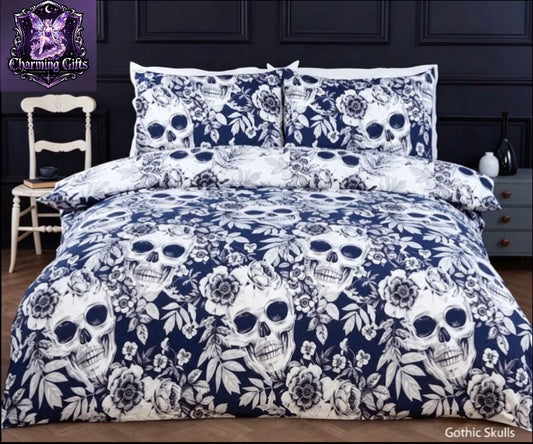 Shadow Skulls Microfibre Reversible Duvet Cover Set | Halloween Bedding | Gothic Skull & Floral Design | King Size| Includes Pillowcase | Soft, Durable & Wrinkle Resistant | 180 Thread Count | Popper Closure | Machine Washa