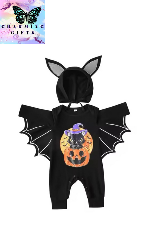 Baby's First Halloween Costume Black Bat Romper Jumpsuit&Hat Infant Boys Girls Purim Party Carnival Fancy Dress Cosplay Outfits