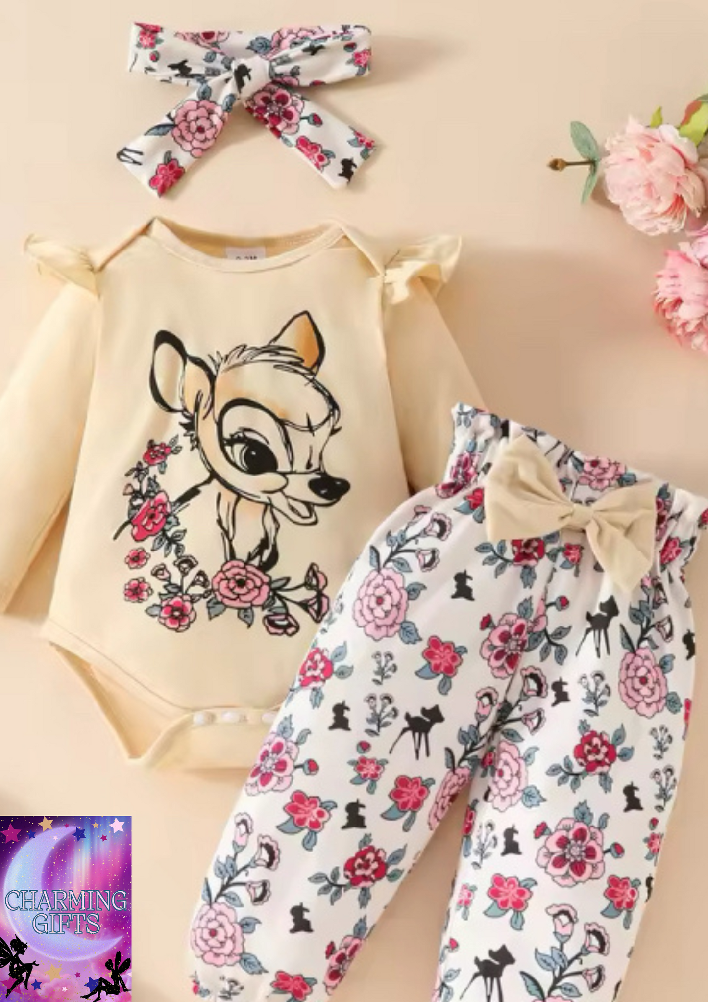 Three-piece Summer baby baby girl cartoon deer print long sleeve cover fart small flying sleeve top, full printed trousers with