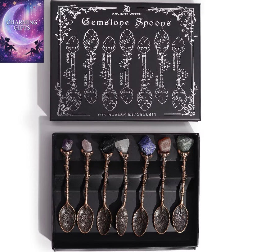 Set of 7 Bronze Gemstone Crystal Witch Spoons