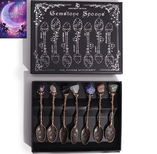 Set of 7 Bronze Gemstone Crystal Witch Spoons