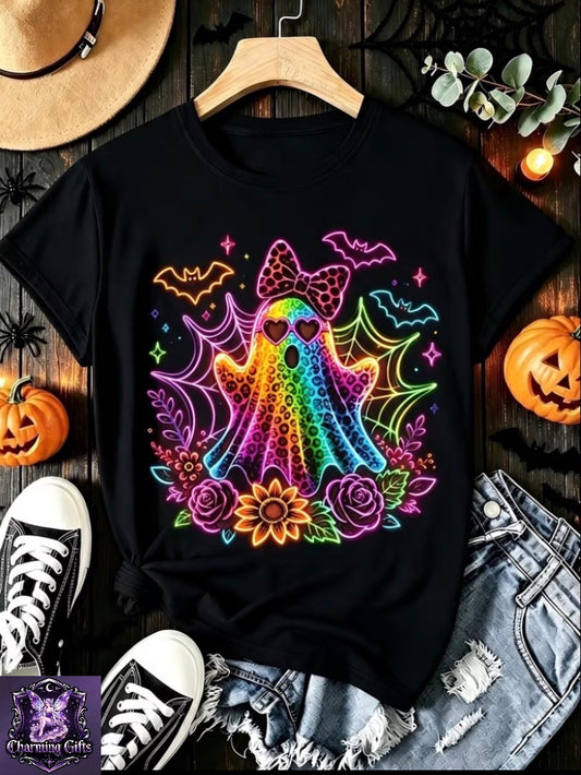 👻 Neon Ghost & Bats Halloween T-Shirt — Sizes 8–18