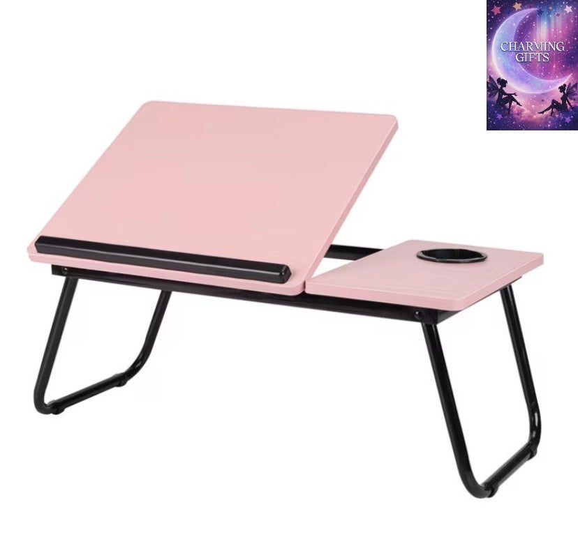 [Cozy Comfort] Versatile Folding Laptop Desk with Cup Holder - 5-Level Adjustable Tilt, Portable & Sturdy Wooden Frame, Ideal for Reading, Studying & Serving Breakfast in Bed