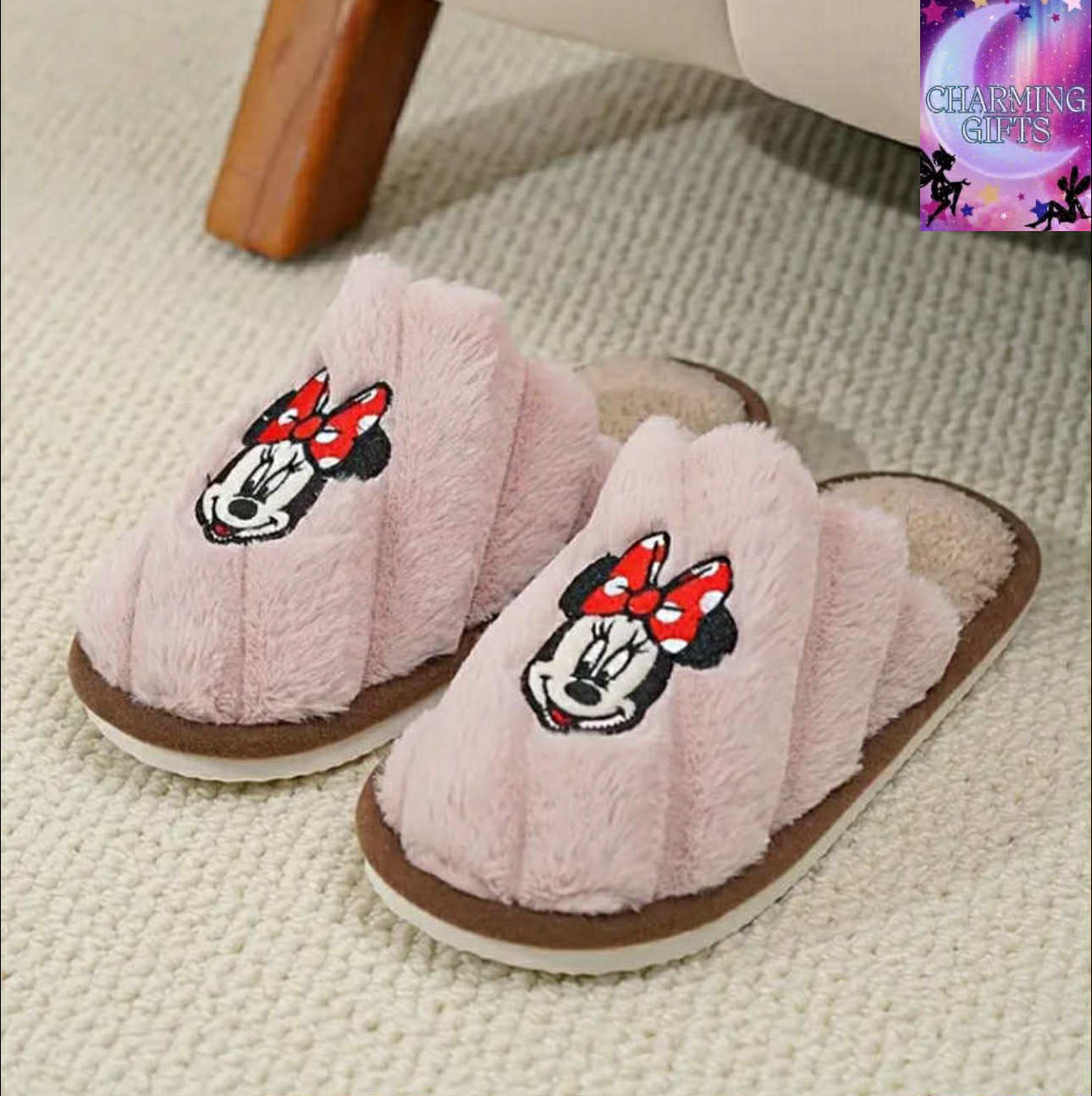 [Warm Comfortable Indoor Home] Disney Minnie Mouse Plush Slippers - Warm and Comfortable Indoor Home Shoes, Suitable for Men and Women, Embroidered Design Couple's Set Special Offer Living Room Slippers Dormitory Slippers