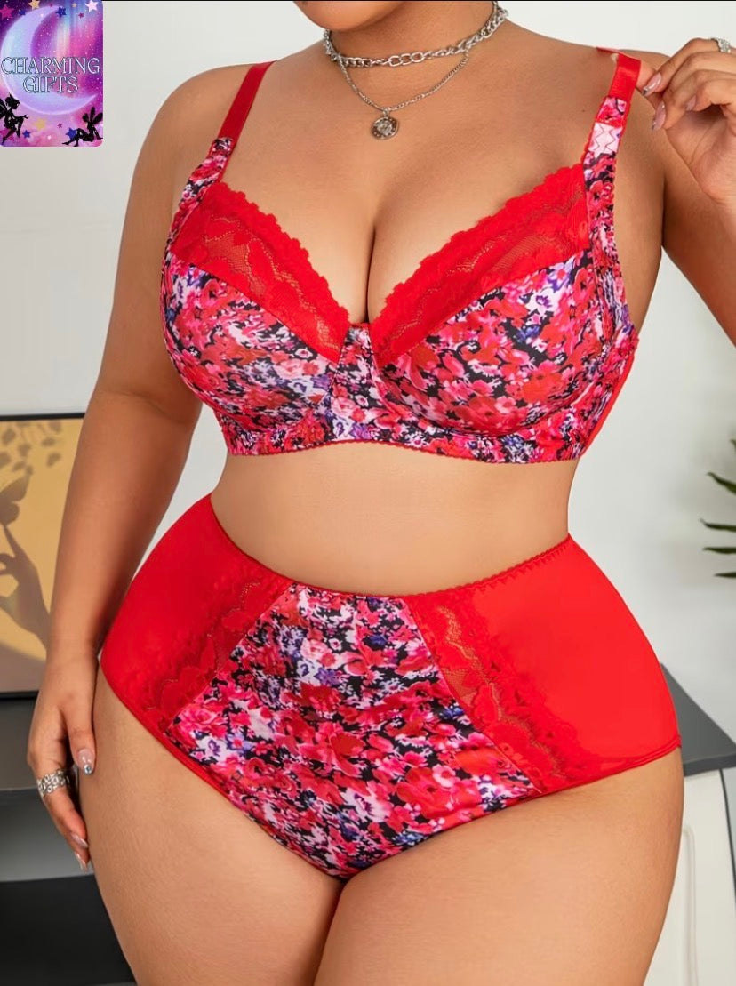 [Sexy Floral Lingerie] Plus Size Women's Sexy Floral Print Lingerie Set with Contrast Lace - Elegant Red and Pink Design, Includes Bra and Panties, Adult Intimate Apparel
