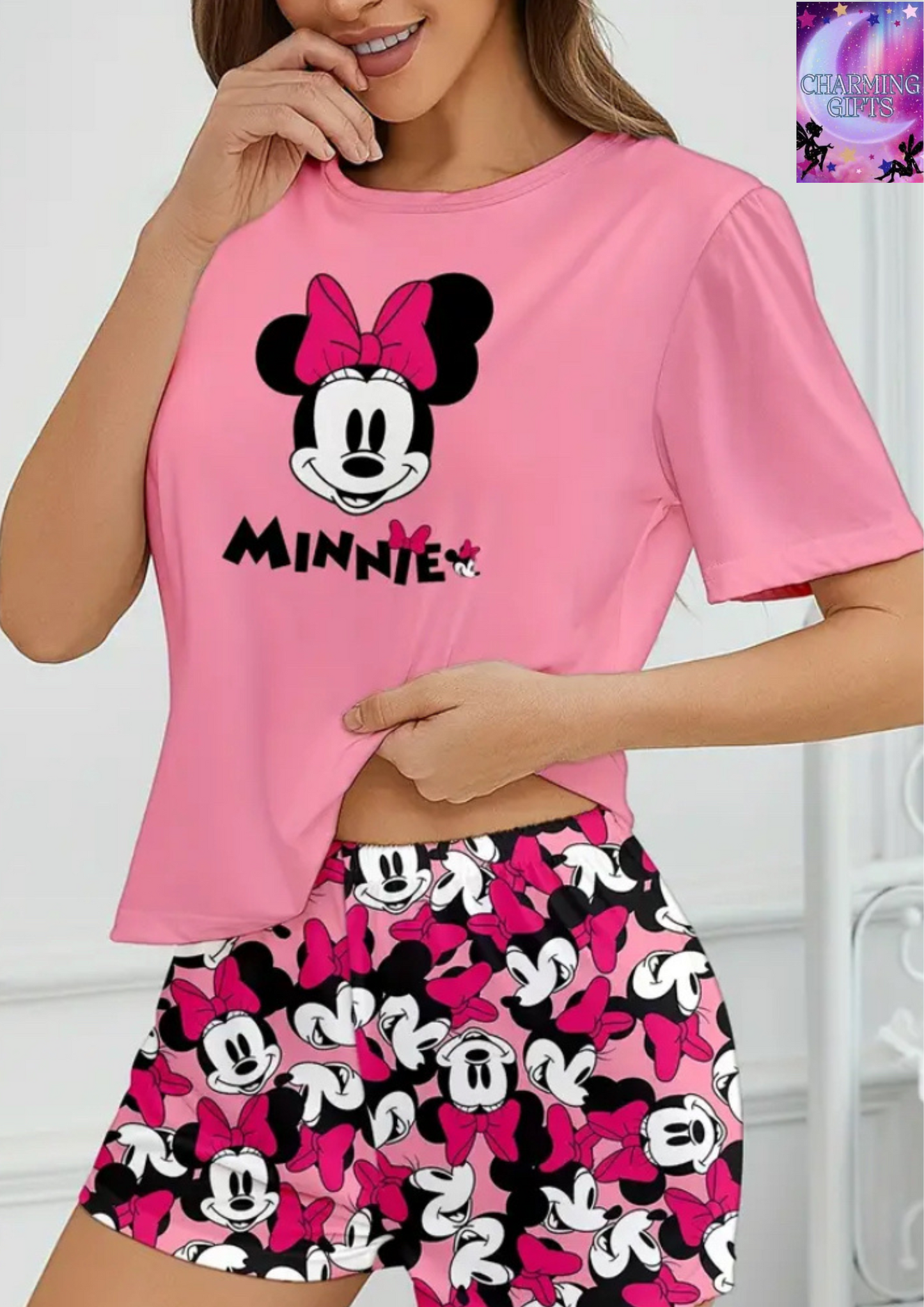 Two-Piece Set Women's Loungewear Cute Minnie Short Sleeve Shorts Cartoon Print Comfortable Pajama Set