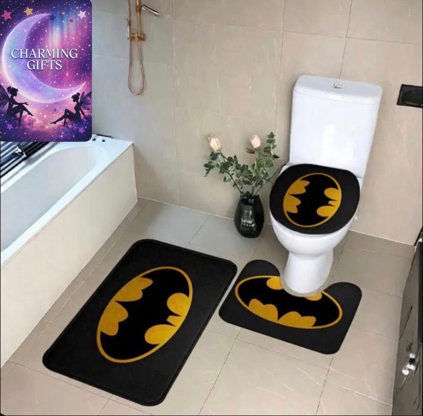 3pcs Non-Slip DC Batman Design Bathroom Mat Set, High Quality Soft and Comfortable Bathtub Mat, Absorbent Mat for Bathroom, Laundry Room, Dressing Table, Patio Home Decor Accessories, Quick Dry and Machine Washabl, Best for Christmas