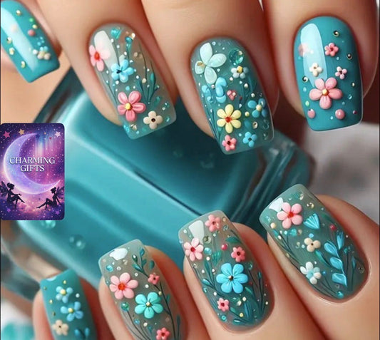 24pcs Spring Summer Blue Floral Press-On Nails - Short Square Glossy Wearable Nail Patches with Jelly Glue & File Strips, Vibrant Flower Designs for Hands & Feet, Nail Accessories, Quick Beauty Fix, Hand And Foot Decor, Durable Pressons