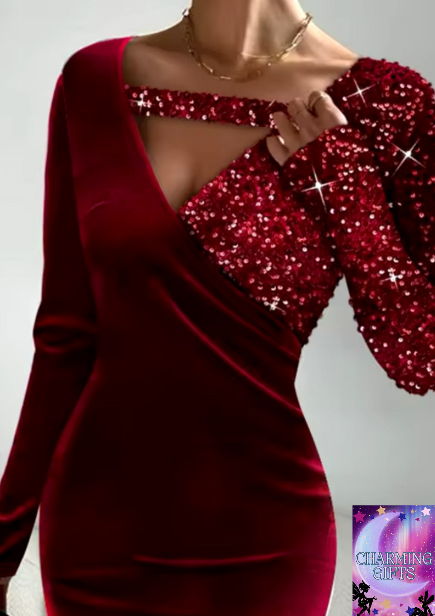 Luxury Women's Party Dress 2024 Summer Contrasting Sequin Velvet Patchwork Long Sleeve Asymmetrical Collar Elegant Evening Dress