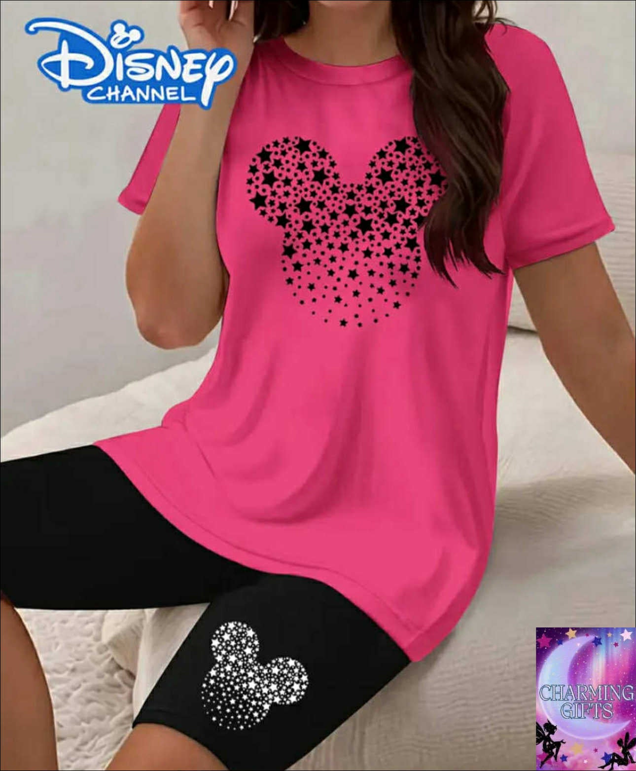 Disney plus-size ladies Mickey T-shirt short sleeve suit, Mickey outline star gradient printing, short sleeve+shorts two-piece, machine washable, comfortable in all seasons, and can be sent to Disney fans as gifts.