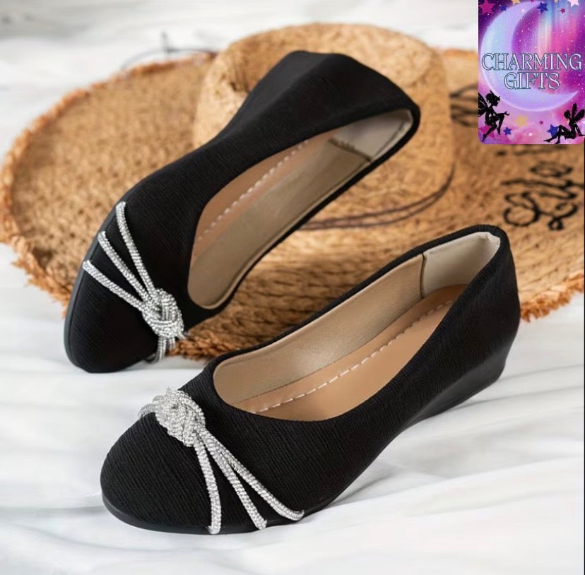 Women's Rhinestone-Encrusted Wedge Heel & Flat Shoes - Sparkling -Adorned Round Toe, Black Fabric Upper with TPR Sole, Low/Medium Heel (Adjustable) for Weddings, Parties, Office - Elegant s