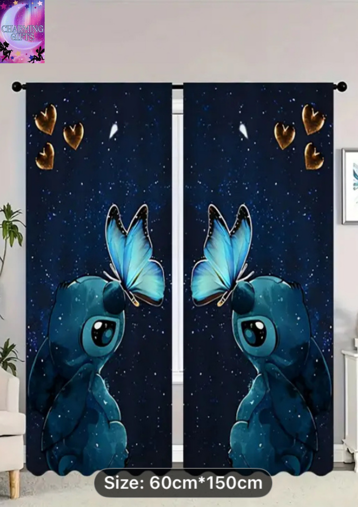 2pcs Stitch Cartoon Blackout Curtains - Washable Polyester, Machine Washable, All-Season Decor for Living Room, Bedroom, or Study, Festive Holiday Design with Hearts and Stars, Festive Room Accent | Playful Design | Washable Fabric, Curtains for Living Ro