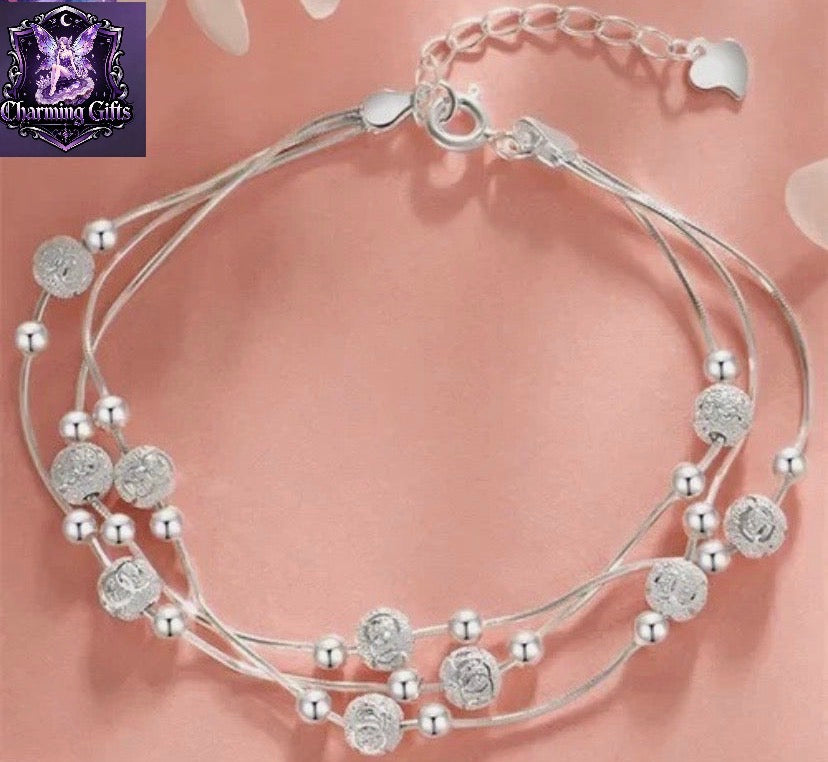 925 Sterling Silver Bead Linked Bracelet Women Girls Jewellery