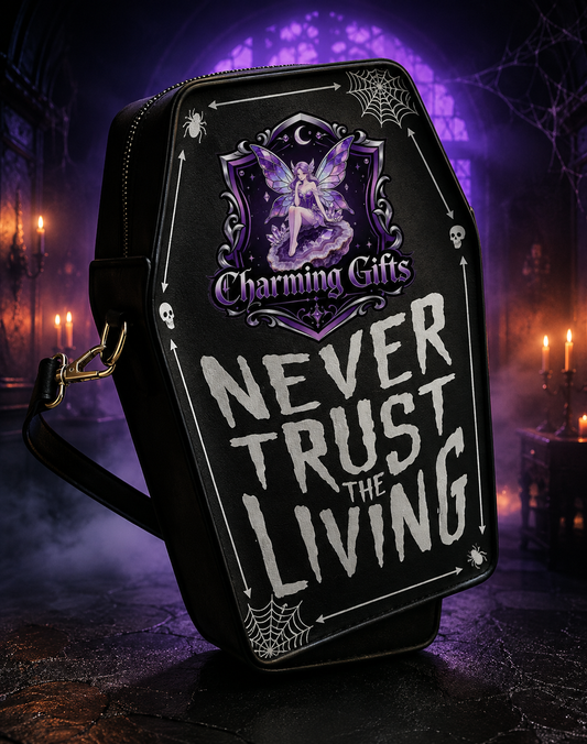 Halloween Coffin-Shaped Crossbody Bag - "NEVER TRUST THE LIVING" Spooky Design with Spider Webs, Skeletal Hands & Bats, Synthetic Leather, Adjustable Strap, Black, Perfect for Parties, Trick Or Treat Bag | Thematic Halloween Bag | Machine Washable Bag