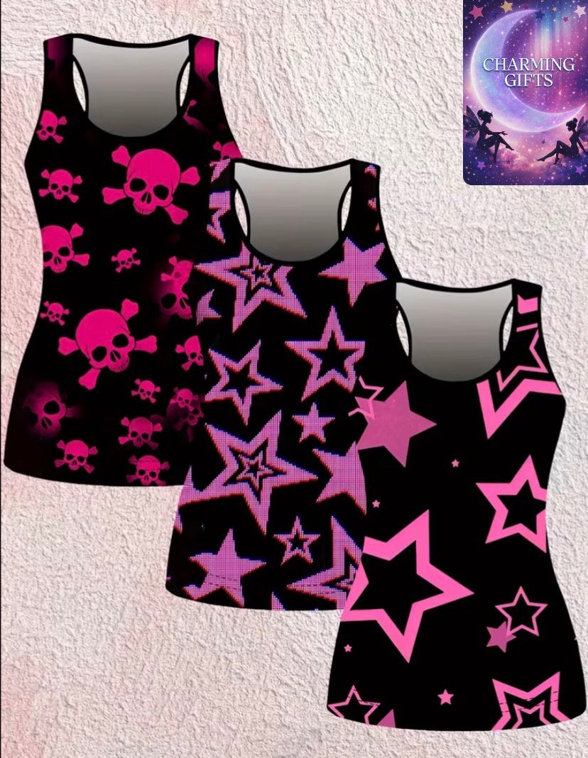 Plus Size, 3pcs Set Dark Gothic Skull, Star Moon, and Pink Leopard Print Tank Tops - Sleeveless Slim Fit Streetwear Oversized Tops with Digital Print