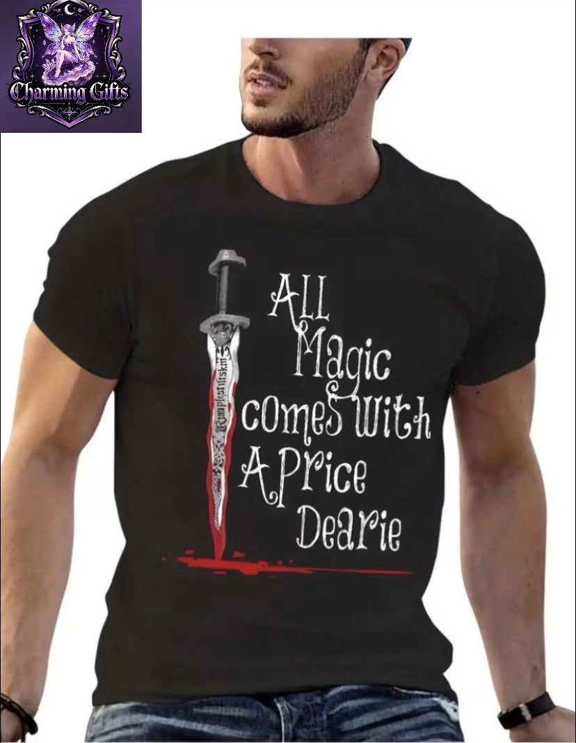 Unisex Heavyweight 300+ GSM Once Upon A Time TV Show Graphic T-Shirt - Bold Sword & "All Magic Comes with a Price" Quote - Quick-Dry Durable Fabric, Regular Fit Crewneck Streetwear Tee for Concerts, Casual Outfits & Year-Round Fantasy Apparel - Edgy