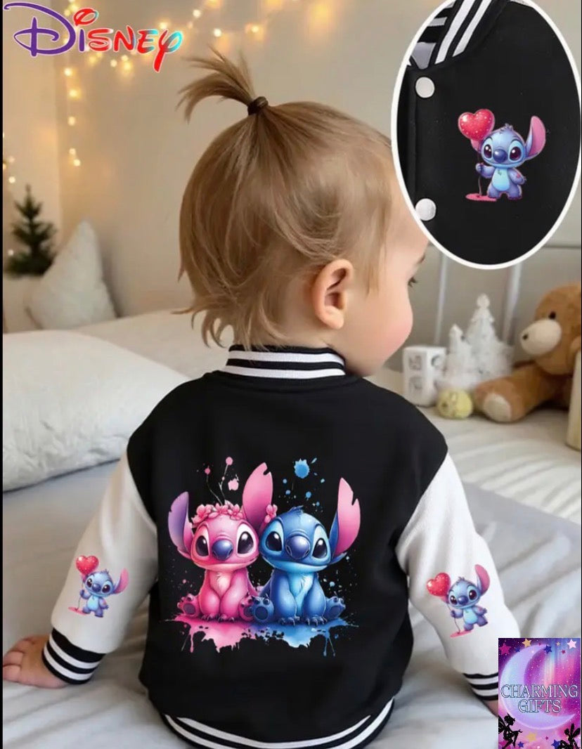 Disney Stitch Girls' Baseball Jacket - Official Stitch & Balloons Graphic, Black & White Color Block, Button-Up Front Closure, Soft Fabric for Toddler Girls & Babies, Birthday Party Outfit or Everyday Disney Clothing, Toddler Outerwear, Playful Kids Fashi