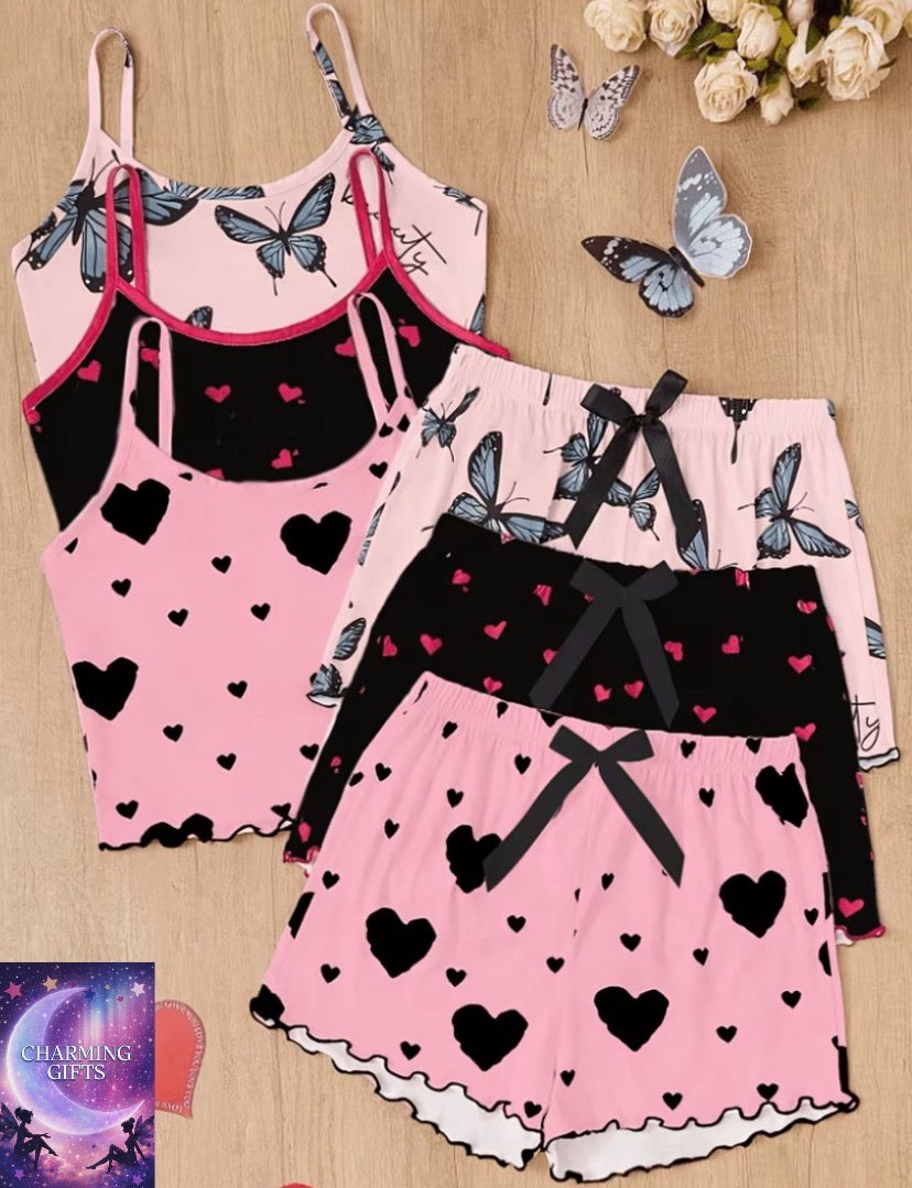 6pcs Set Includes Heart And Bowknot Print Camisole And Shorts Pajamas
