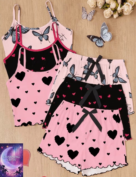6pcs Set Includes Heart And Bowknot Print Camisole And Shorts Pajamas