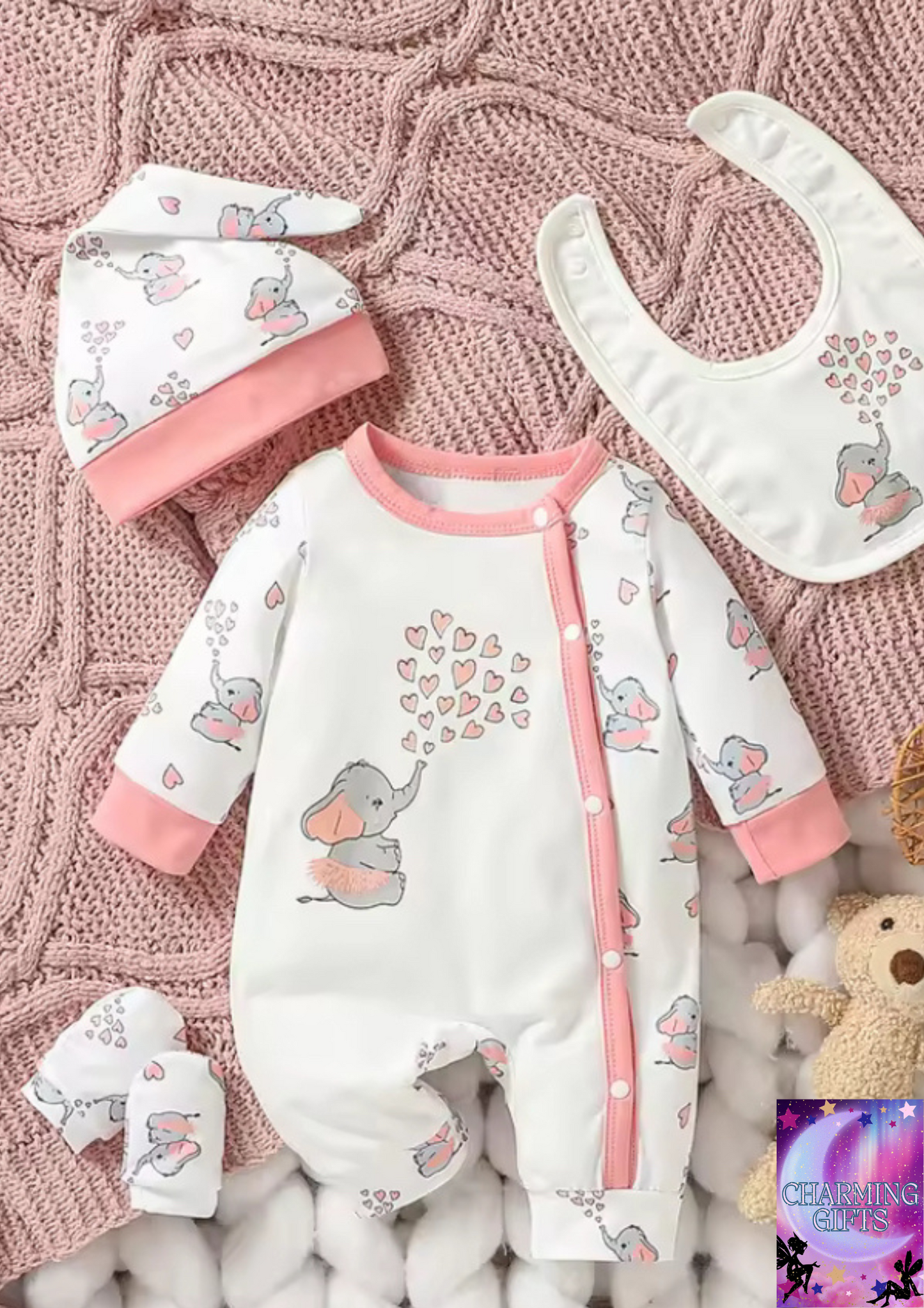 4Pcs Baby Girls Long Sleeve All Seasons Cartoon Deer Open Stitch pastorale Jumpsuit+Bib+Gloves+Hat