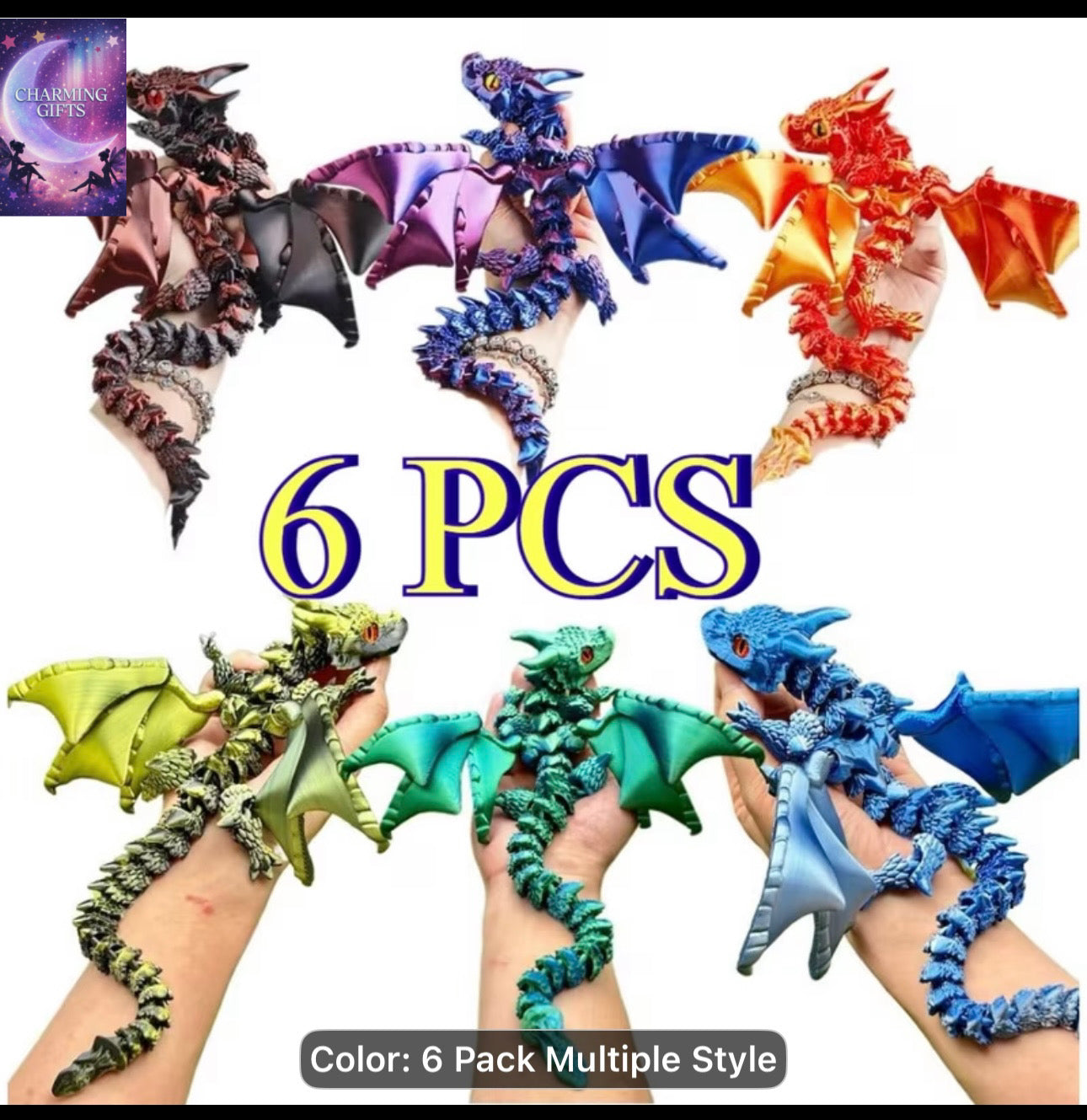 6-Pack 24.5Cm/9.65ln 3D Printed Dragon