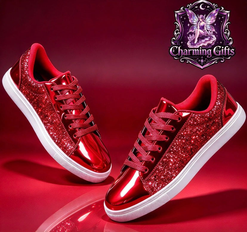 ✨ Shiny Sequin Low-Top Sneakers — Pink & Red ✨