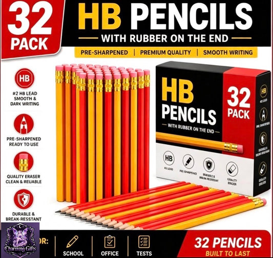 32 Pack HB Pencils with Erasers | Strong Graphite Lead Pencils for Smooth Writing, Drawing & Professional Art Use | Eraser-Tipped School Pencils | Durable Stationery Set for Office, Art, Sketching & Everyday Use