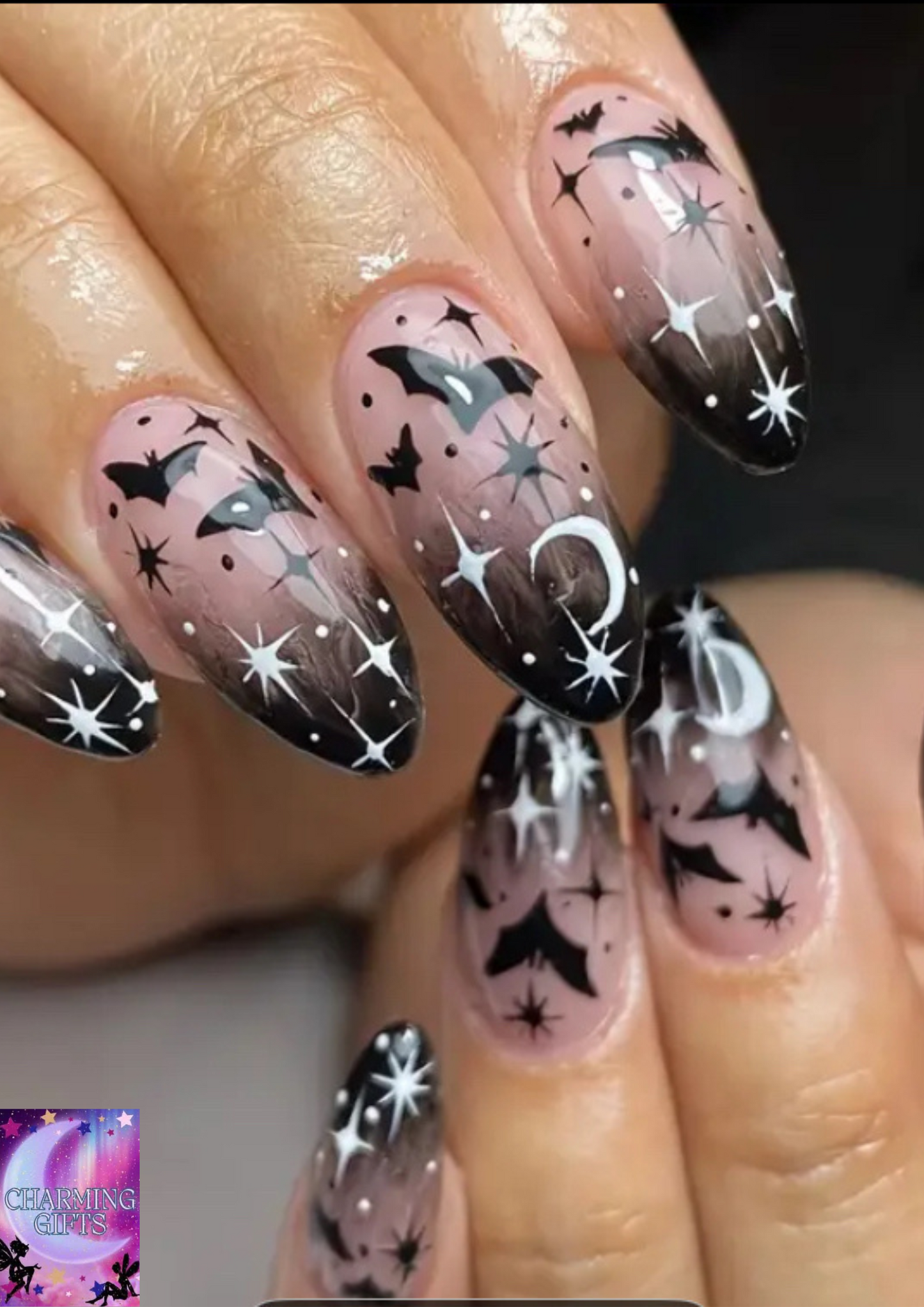 Halloween Press On Nails, Gothic Nails, 24pcs Set Black Magic Bats Press-On Nails, Almond Shaped Middle-Length, Mixed Color Glossy Finish with Moons and Holiday Elements - Festive Halloween Nail Art Design