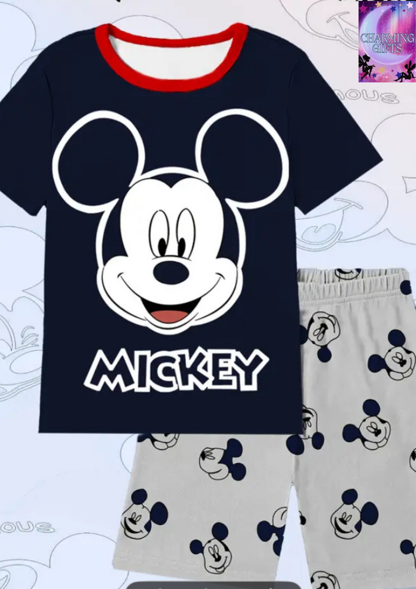 Mickey Mouse Graphic Pajama Set for boys Cute Red & White Short Sleeve Shirt with Matching Shorts, Casual Home Wear, Perfect for Spring/Summer, Comfortable Clothing | Cartoon Print Top | Durable Fabric