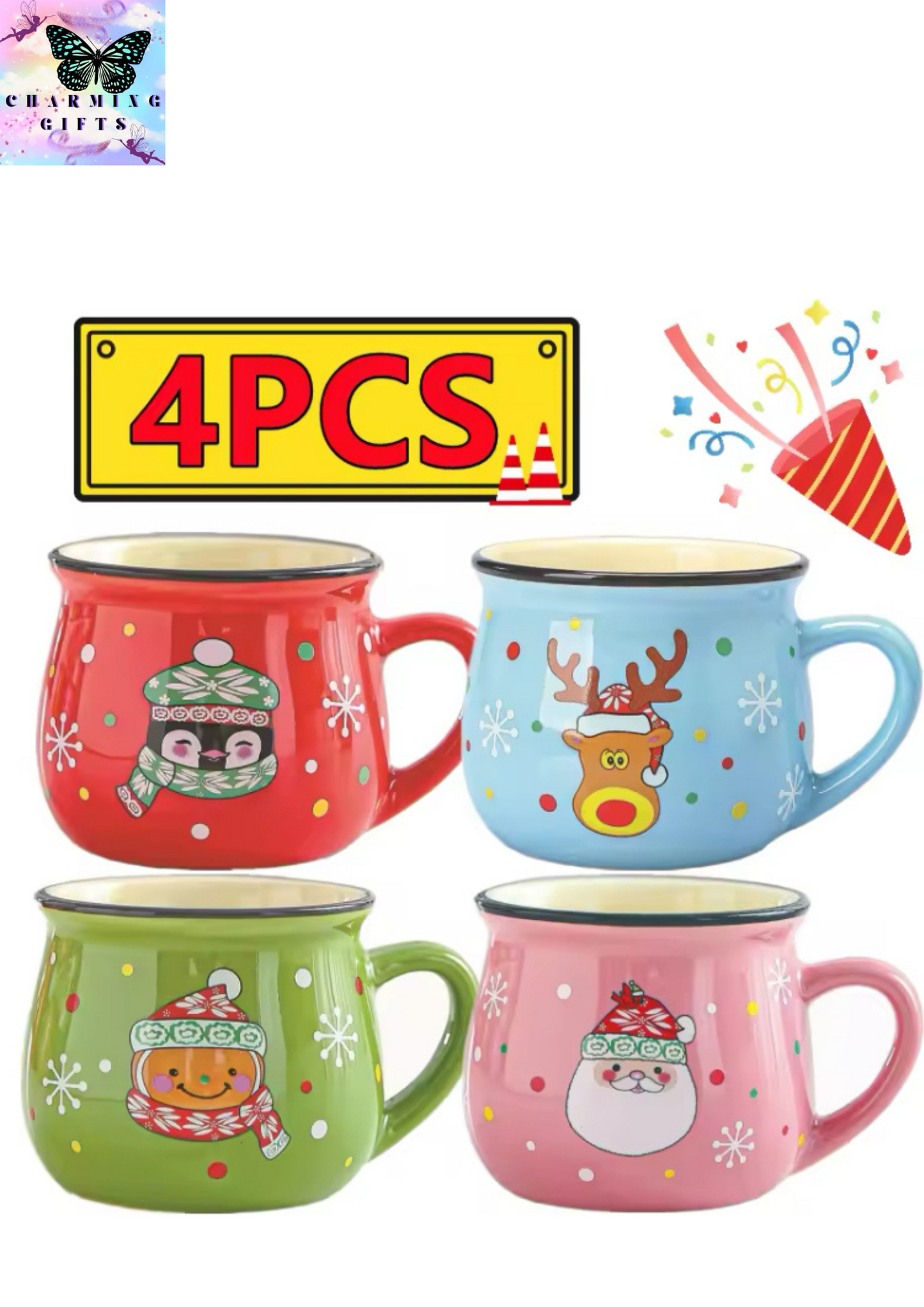 New 4pc Kawaii Christmas Mugs Ceramic Cups Santa Claus Elk Figurines Creative Gift For Office Home Milk Coffee Tea Cup Couples