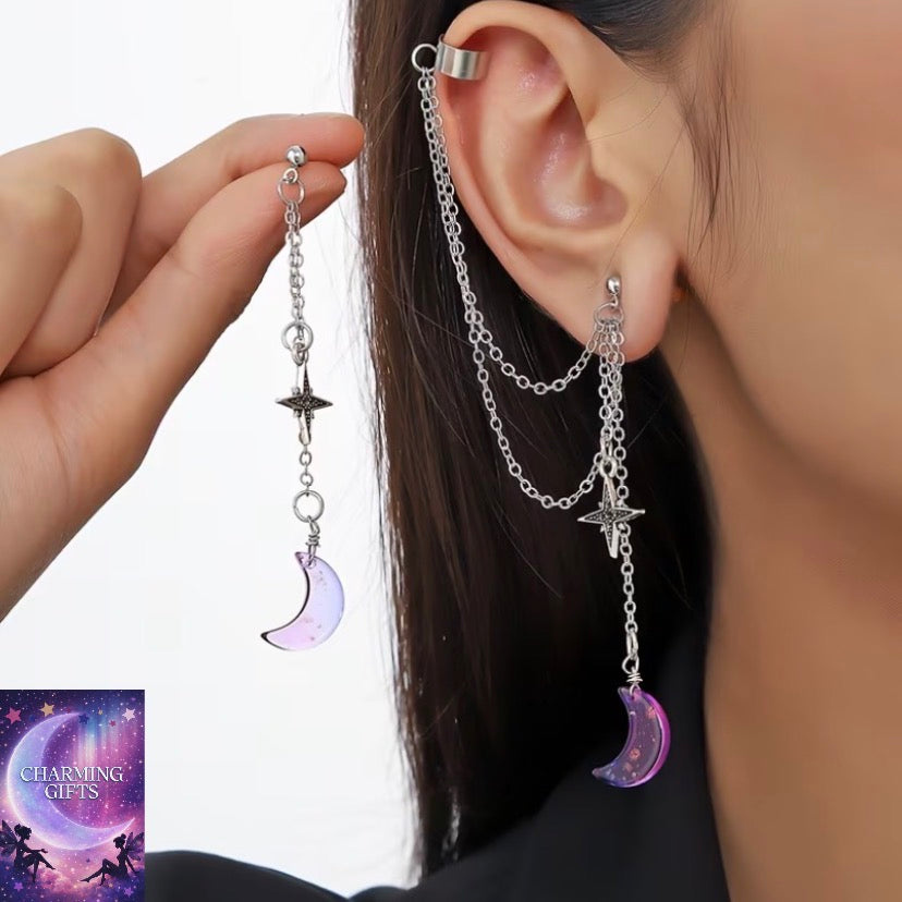 1 Pair Fashion Sweet Temperament Moon Star Chain Tassel Ear Clips Asymmetrical Stud Girl Punk Cold Style Ear Jewelry,