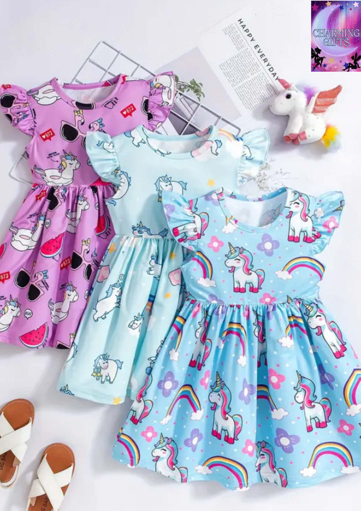 [Cute Unicorn Sundress] 3pcs Set Cute Unicorn Print Girls' Sundress | Summer, Casual Wear, Polyester, Knit Fabric, Crew Neck, Slight Stretch, No Belt, No Chest Pad, Lettuce Trim, Geometric Pattern, Regular Fit