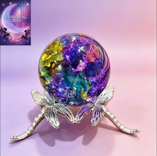 1pc Colored Crystal Ball with silvery Dragonfly Stand, Home And Office Decoration, Glass Ball Display