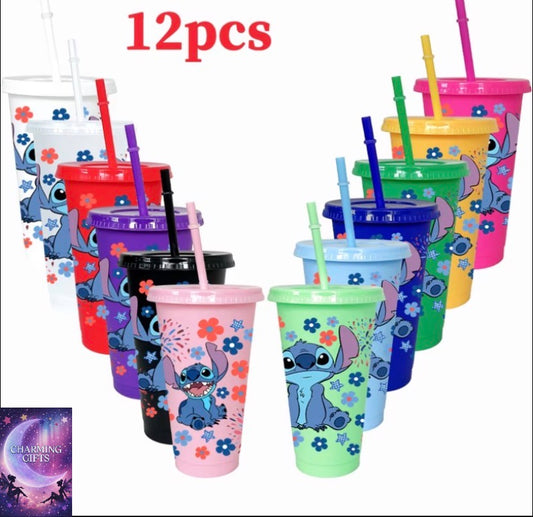 12pcs Plastic Water Cup Stitch , Flower Pattern, 780ml/26oz with Cover and Straw, Summer Holiday Beach Water Cup/home Kitchen Decorative Cold Drink Cup, Reusable Water Tumblers mixed Colors