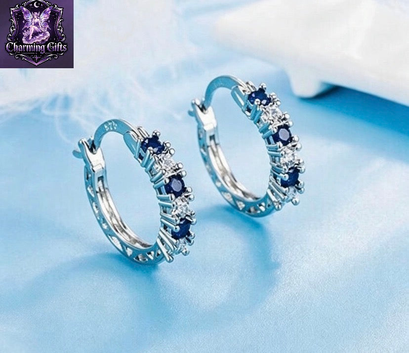 925 Sterling Silver Blue Crystal Hoop Earrings Jewellery Women Girls Gift
