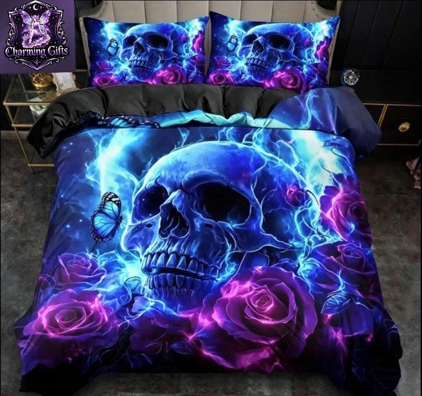 3pcs Quilt Cover Set, Fantasy Blue Skull Print Duvet Cover Set, King Queen Style Bedding Set, Polyester Machine Washable, Quilt Decoration, Bedroom Guest Room, Birthday Gift (Includes 1 Duvet Cover + 1 or 2 Pillowcases, (Double )