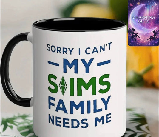 "Sims Family Needs Me" 11oz Ceramic Coffee Mug - Microwave & Dishwasher Safe, White with Bold Blue & Green Text, Perfect Gamer Gift for Sims Fans